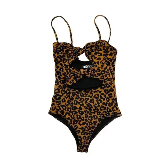 Beach Riot Mia One Piece Swimsuit Brown Leopard Knot Ties Cutout NWOT Xsmall - Picture 2 of 5